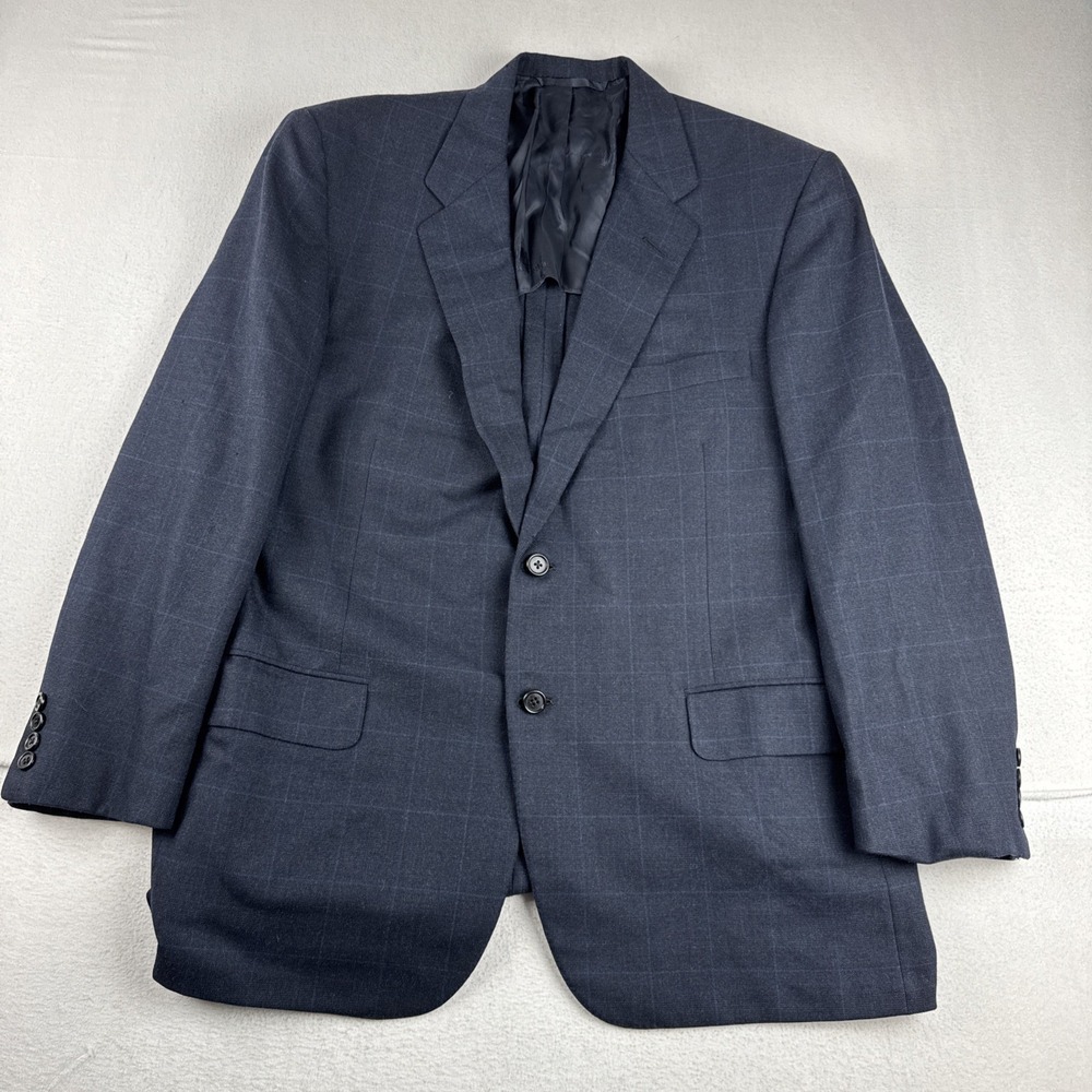 Oxxford Clothes 100% Merino Wool Mens Navy Windowpane Sport Coat 44R office